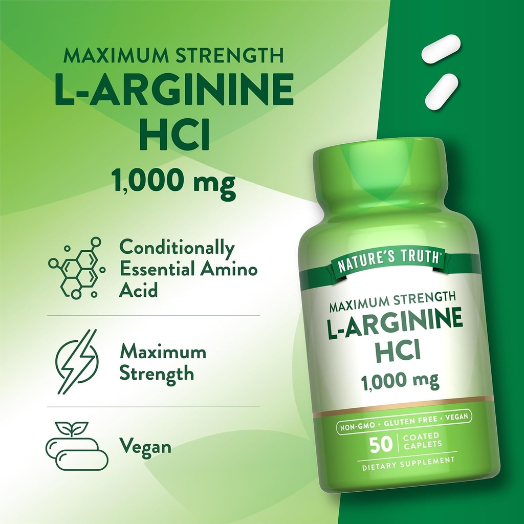 Nature's Truth L-Arginine HCL 1000mg | 50 Caplets | Essential Amino Acid Supplement | Vegan, Non-GMO & Gluten Free Supplement 6