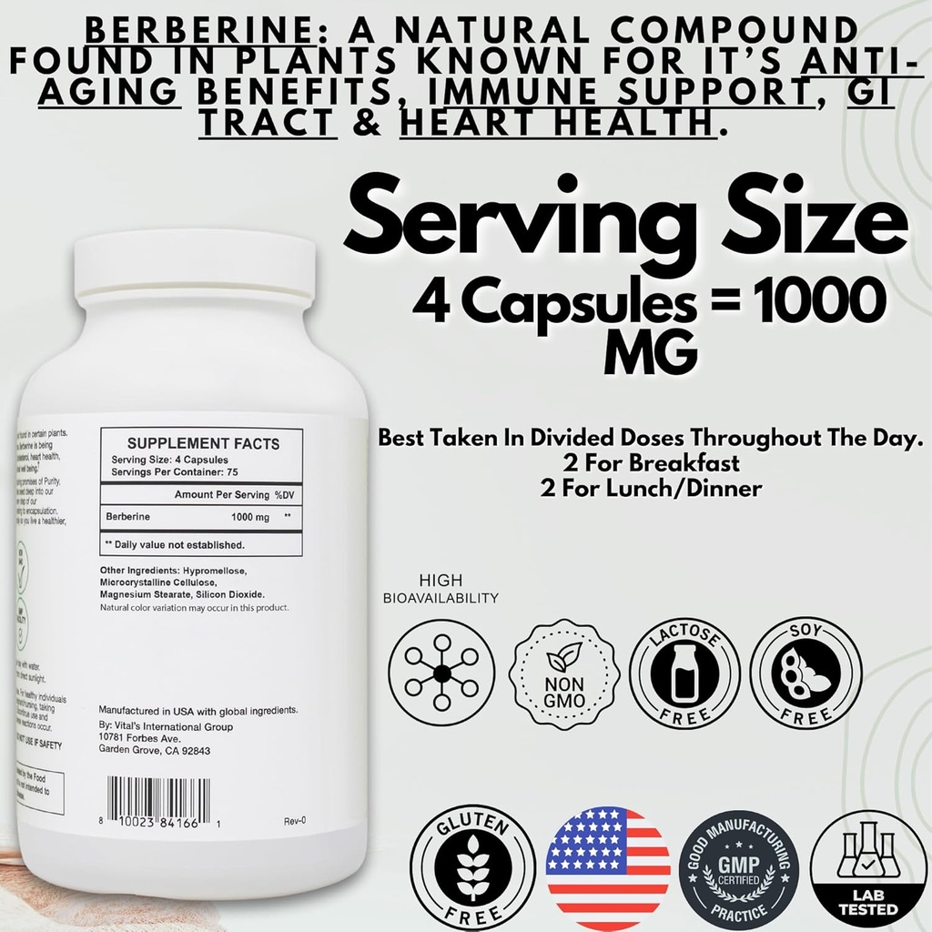 PRISTINE'S Berberine Supplement Capsules - 1000 MG 75 Day Supply - Heart, & Immunity Health Support Antioxidant - Digestive Tract & Healthy Gut Flora Support 4