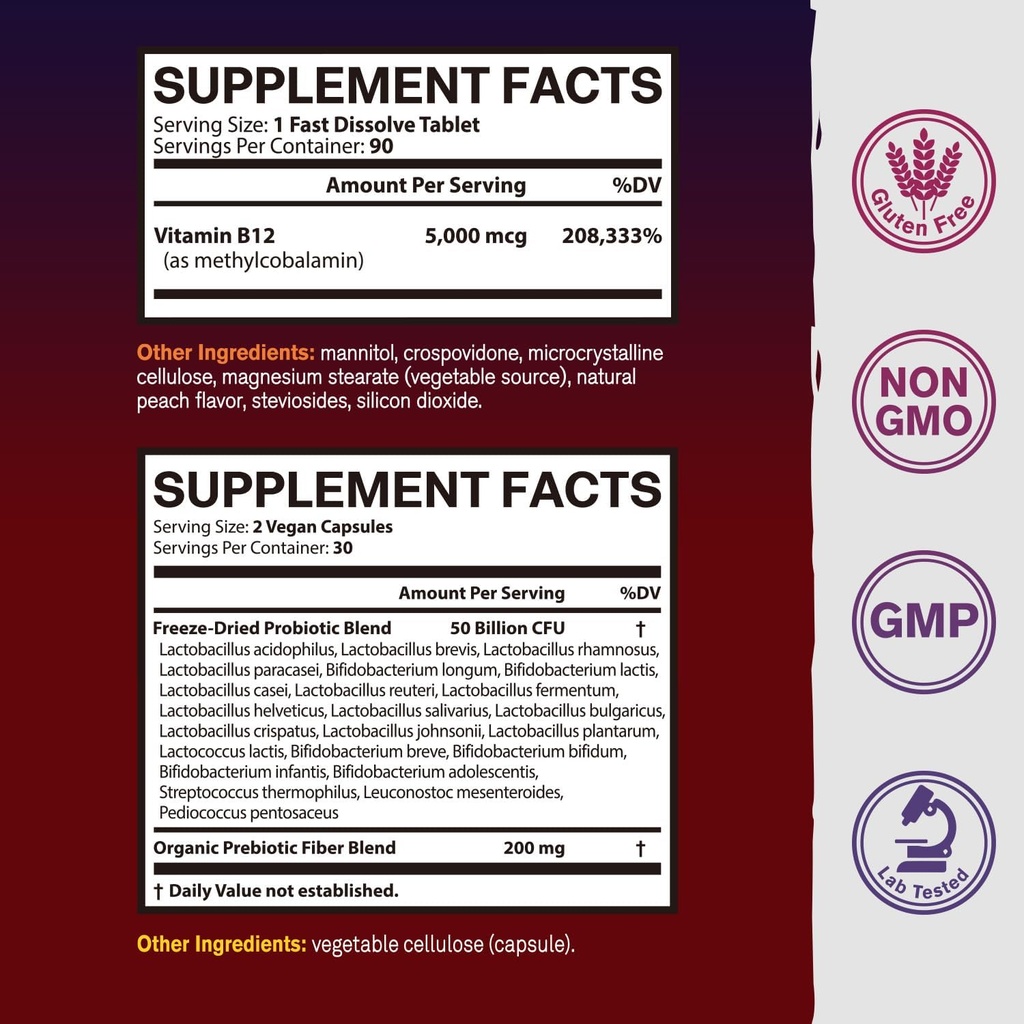 Vitamin B12 and Probiotics 50 Billion Bundle, Methylcobalamin 5000mcg for Energy Production, with Organic Prebiotics, Digestive & Immune Support, B12 Tablets 90 ct & Probiotics Capsules 60ct 3