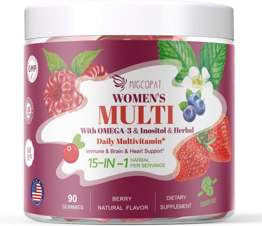 Multivitamin for Women, Womens Multivitamin Gummy w/Omega-3, Inositol, Folate, Biotin, Vitamins A, C, D3, E, B12 for Heart, Brain, Hair, Energy & Immune, Sugar-Free Gummies, Berry Flavor, 90 Cts 2