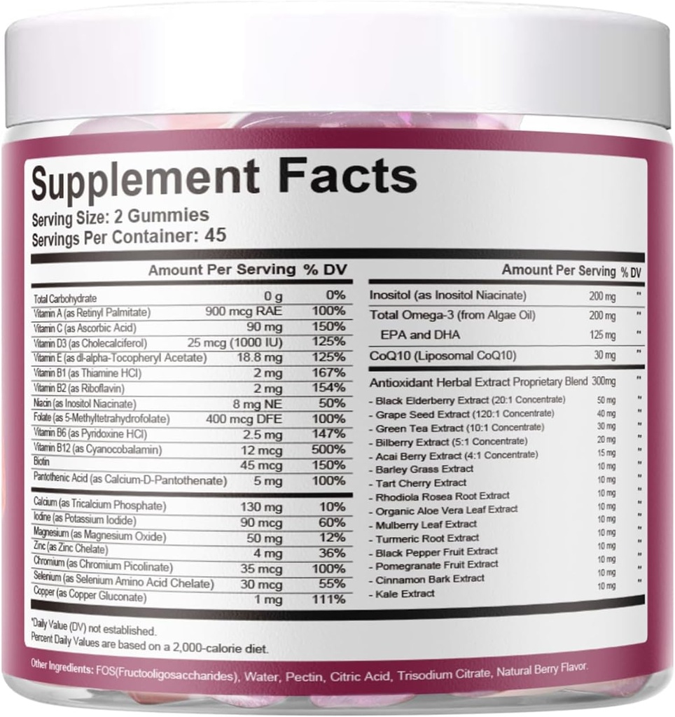 Multivitamin for Women, Womens Multivitamin Gummy w/Omega-3, Inositol, Folate, Biotin, Vitamins A, C, D3, E, B12 for Heart, Brain, Hair, Energy & Immune, Sugar-Free Gummies, Berry Flavor, 90 Cts 3