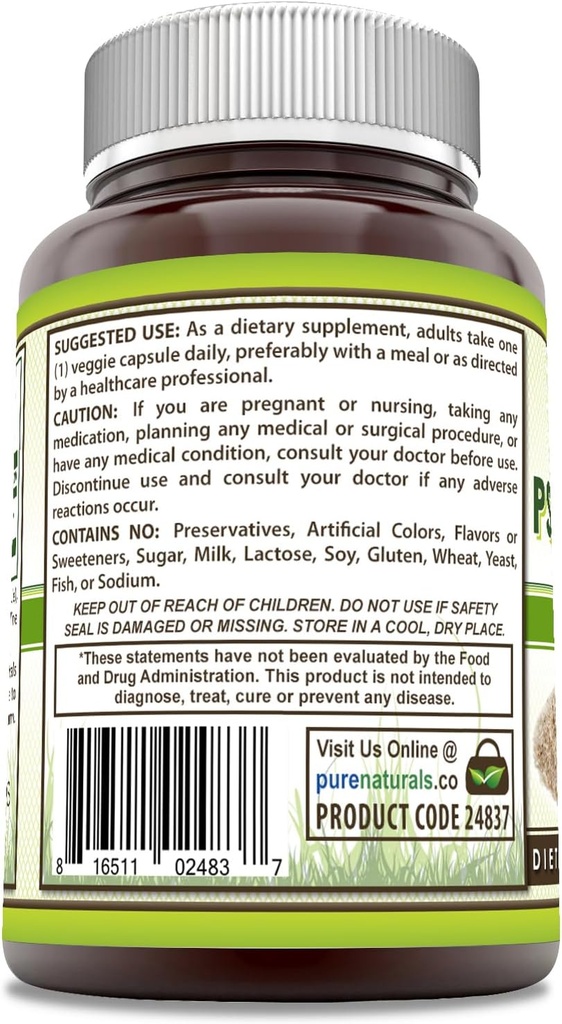 Pure Naturals Psyllium Husk Supplement | 750 Mg Per Serving | Veggie Capsules | Non-GMO | Gluten-Free | Made in USA (120 Count) 3