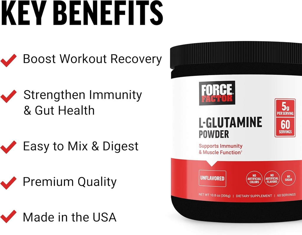 FORCE FACTOR L-Glutamine Powder for Post Workout Recovery, Muscle Recovery, Healthy Muscle Function, and Immunity, 5000mg/5g Glutamine Supplement, Vegan, Non-GMO, 60 Servings 3