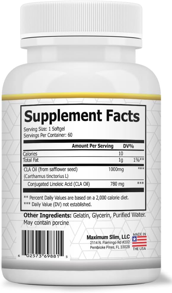 Maximum Slim MAX CLA 3000, High Potency, Natural Weight Loss Exercise Enhancement, Increase Lean Muscle Mass, Non-Stimulating, Non-GMO 95% Pure CLA, 90 Count 3