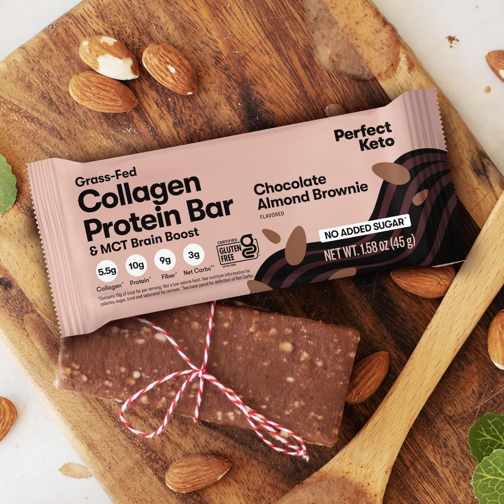 Perfect Keto Bars - The Cleanest Keto Snacks with Collagen and MCT. No Added Sugar, Keto Diet Friendly - 3g Net Carbs, 19g Fat, 10g protein - Diet Food Dessert (Almond Butter Brownie, 12 Bars) 3