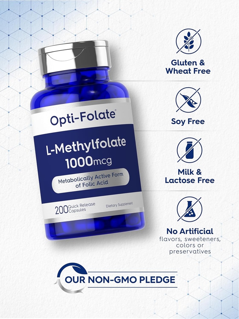 Carlyle L Methylfolate 1000mcg | 200 Capsules | Value Size | Optimized and Activated | Non-GMO, Gluten Free | Methyl Folate, 5-MTHF | by Opti-Folate 6