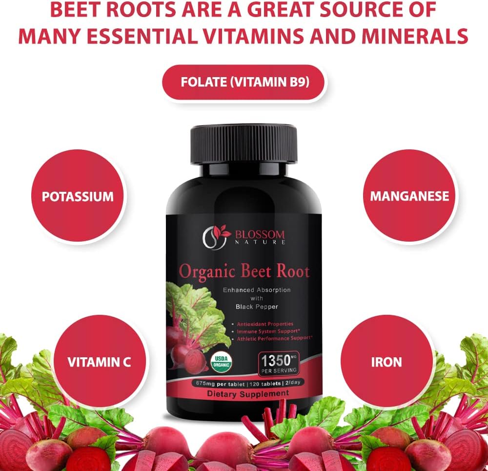 Organic Beet Root Powder 1350mg with Black Pepper-Nitric Oxide Booster, Digestive System, Athletic Performance-120 Tablets,675mg of Organic Beet Powder per Tablet 5