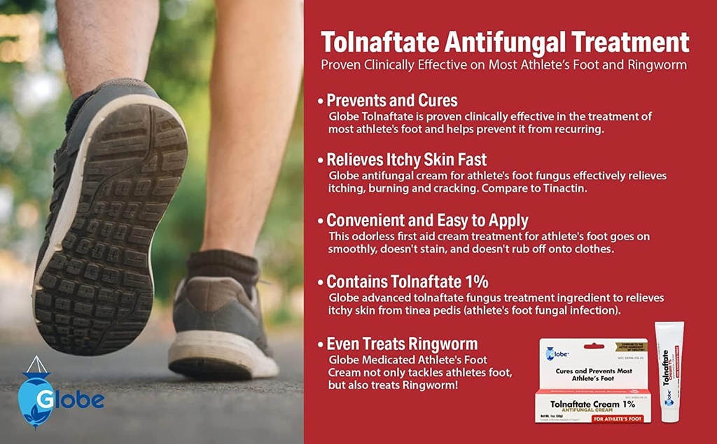 (6 Pack) Globe Tolnaftate 1% Cream 1 oz, Antifungal Treatment, Proven Clinically Effective on Most Athlete’s Foot and Ringworm, Compare to The Leading Name Brand 4