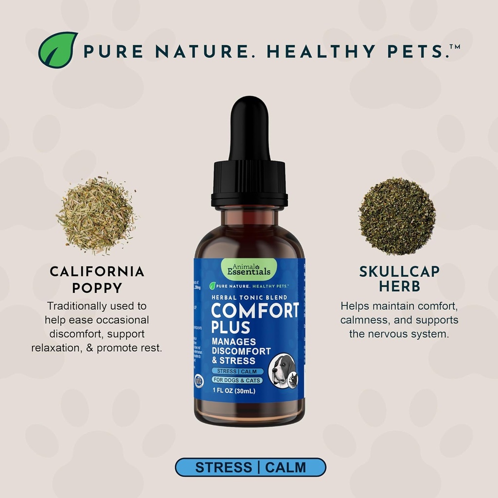 Animal Essentials Comfort Plus for Dogs & Cats - Calming Liquid, Pet Calming Drops, Herbal Formula, California Poppy, Skullcap - 2 Fl Oz 4