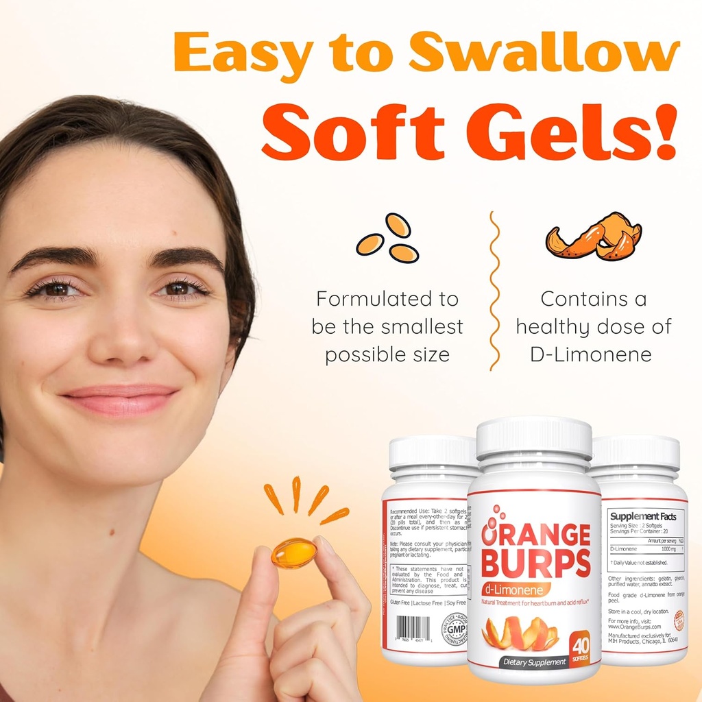 Orange Burps | D-Limonene Supplement - Acid Reducer (Antacid for Acid Reflux), Heartburn Relief, GERD Relief, and Indigestion Relief | Orange Peel Extract for Health and Wellness (1,000 mg, Pack of 3) 5