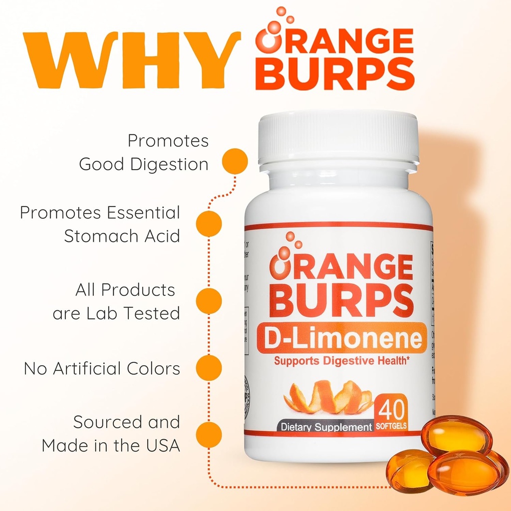 Orange Burps | D-Limonene Supplement - Acid Reducer (Antacid for Acid Reflux), Heartburn Relief, GERD Relief, and Indigestion Relief | Orange Peel Extract for Health and Wellness (1,000 mg, Pack of 3) 6
