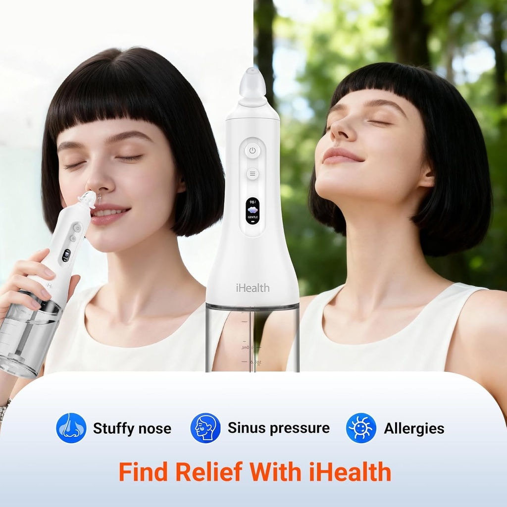 iHealth Electric Nasal Irrigation System for Adults & Kids – Gentle Sinus Rinse for Rhinitis & Sinusitis Relief, 400ml Easy-Clean Large Tank, Water Temperature Measurement, 30 Premixed Saline Packets 3