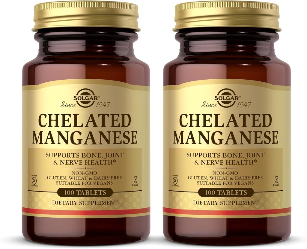 Solgar Chelated Manganese - 100 Tablets, Pack of 2 - Supports Bone, Joint & Nerve Health - Non-GMO, Vegan, Gluten Free, Dairy Free, Kosher - 200 Total Servings 2