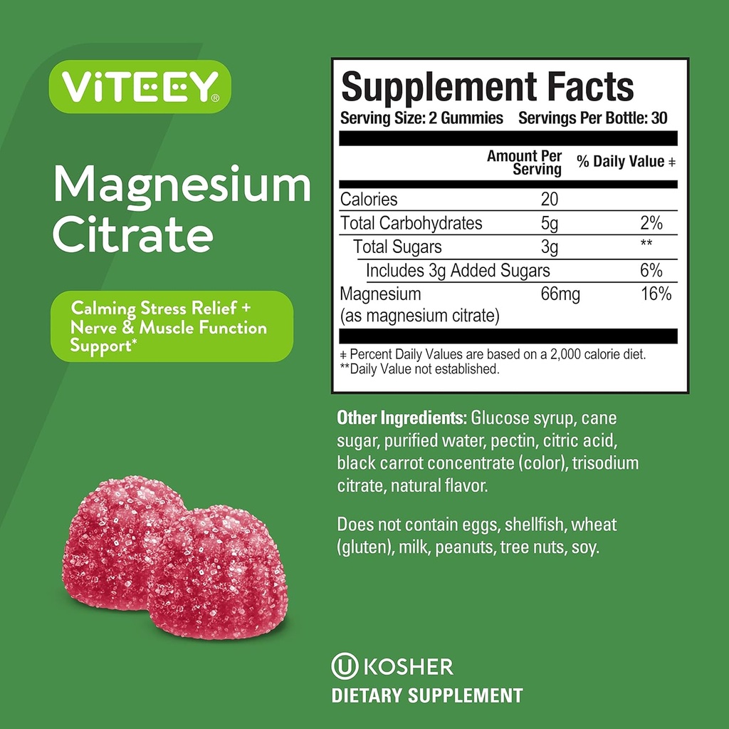 VITEEY Magnesium Gummies for Adults - 66mg of Magnesium Citrate Gummy for Calm, Sleep, Nerve & Muscle Function Support - Vegetarian, Gluten Free - 60 Count 5