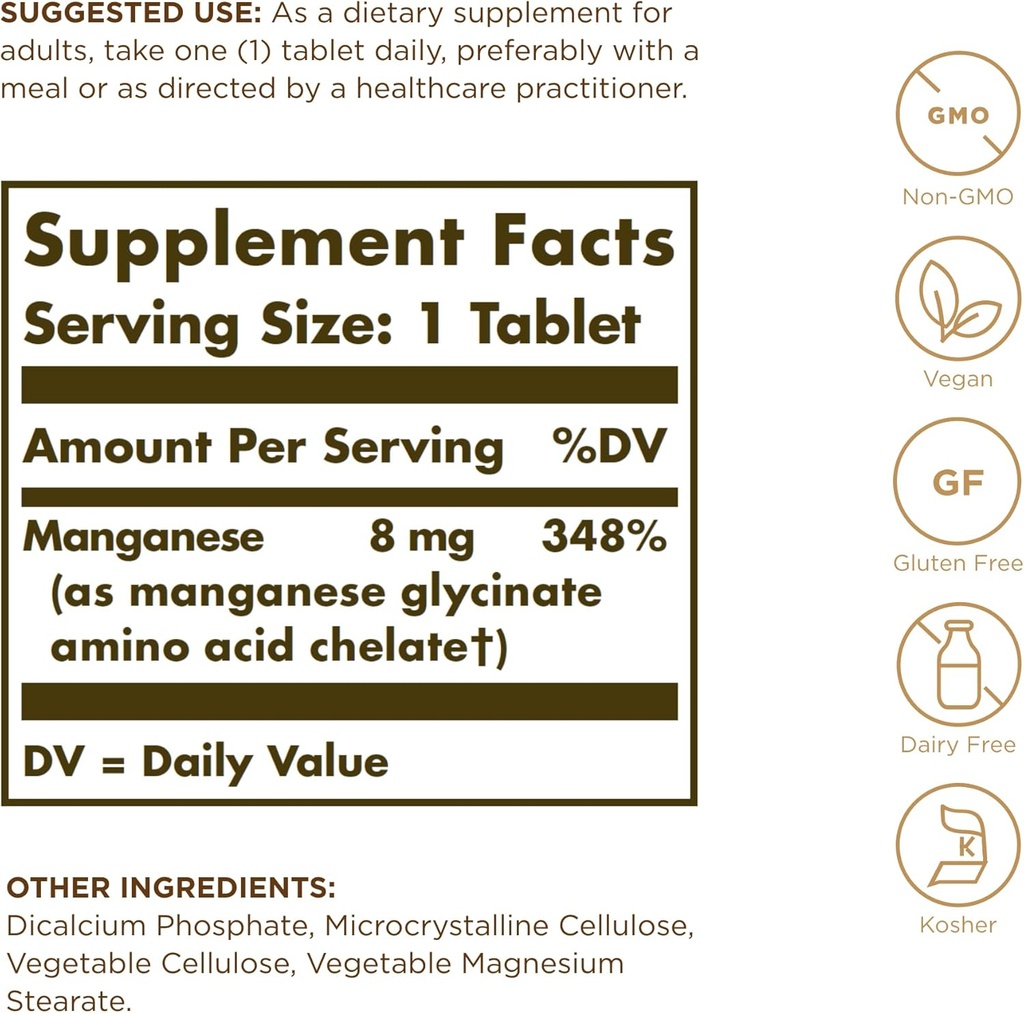 Solgar Chelated Manganese - 100 Tablets, Pack of 2 - Supports Bone, Joint & Nerve Health - Non-GMO, Vegan, Gluten Free, Dairy Free, Kosher - 200 Total Servings 3