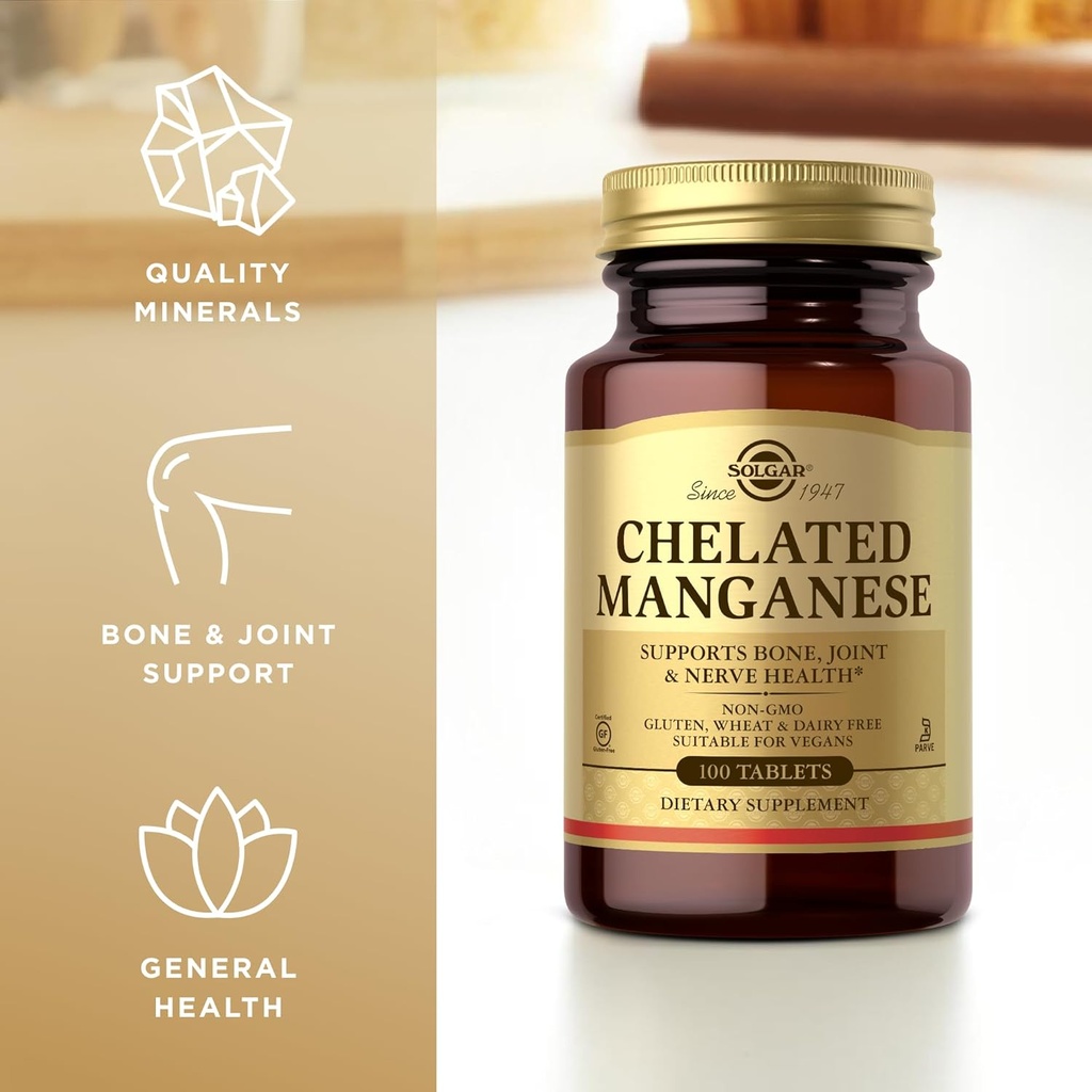 Solgar Chelated Manganese - 100 Tablets, Pack of 2 - Supports Bone, Joint & Nerve Health - Non-GMO, Vegan, Gluten Free, Dairy Free, Kosher - 200 Total Servings 5