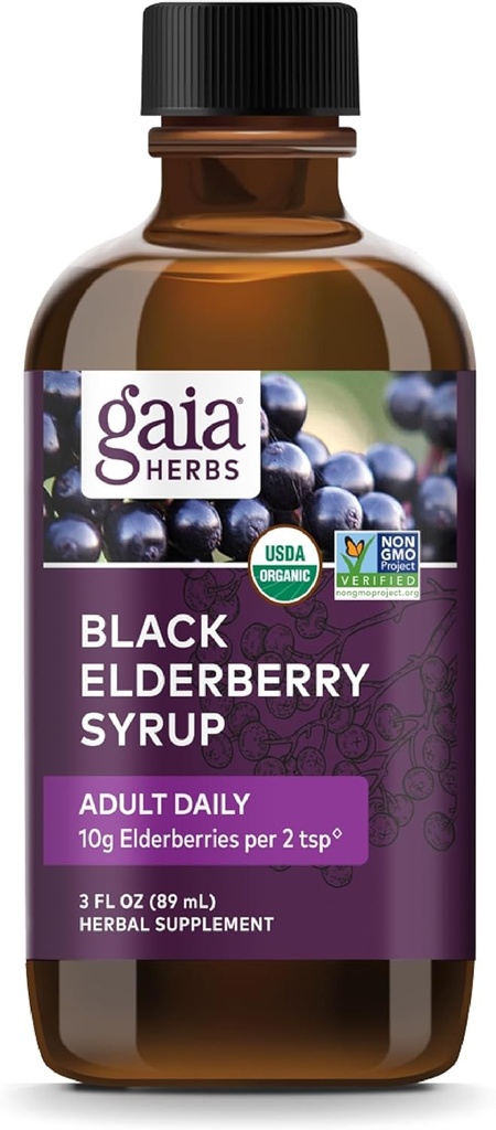 Gaia Herbs Black Elderberry (Sambucus Nigra) Syrup Adult Daily - Immune Support Supplement - with USDA Certified Organic Black Elderberries for Immune System Support - 3 Fl Oz (9-Day Supply) 2