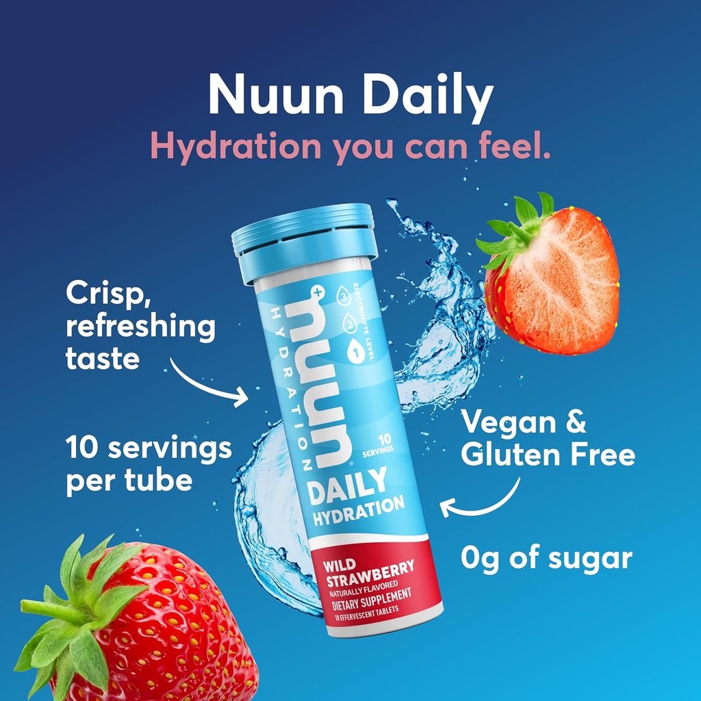 Nuun Daily Electrolyte Tablets with Magnesium, Calcium, Potassium, Chloride & Sodium, Gluten Free, Sugar Free, & Vegan, Wild Strawberry Flavor, 8 Pack (80 Servings Total) 3