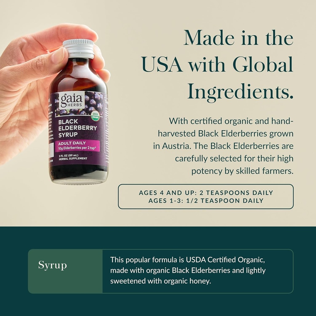 Gaia Herbs Black Elderberry (Sambucus Nigra) Syrup Adult Daily - Immune Support Supplement - with USDA Certified Organic Black Elderberries for Immune System Support - 3 Fl Oz (9-Day Supply) 5
