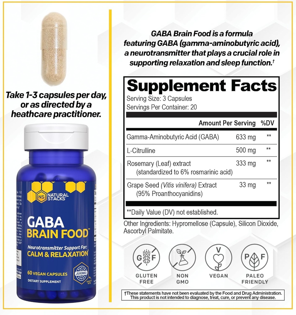 NATURAL STACKS Dopamine & GABA Brain Food Bundle - Supports Mental Drive, Calmness & Relaxation* - 120 Total Capsules 5