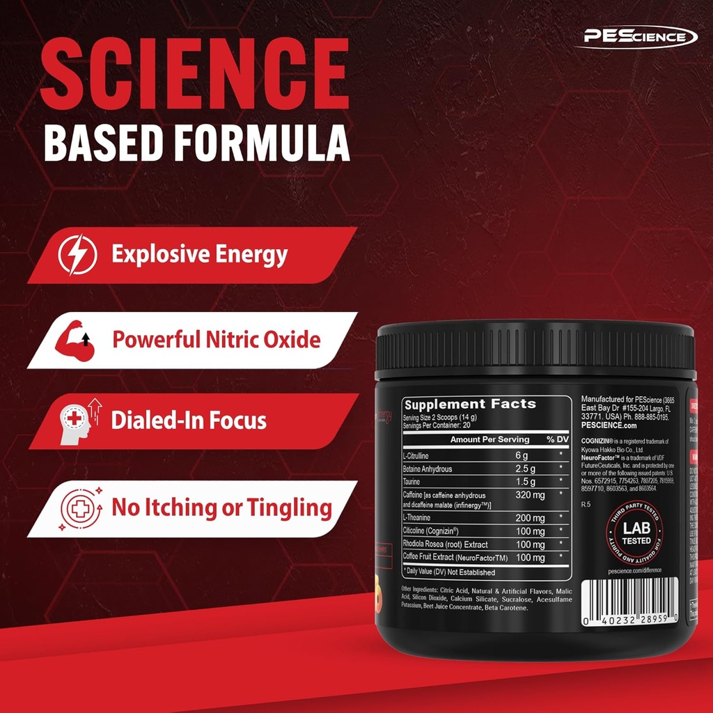 PEScience Prolific Pre Workout Powder, Strawberry Kiwi, 40 Scoop, Energy Supplement with Nitric Oxide 5