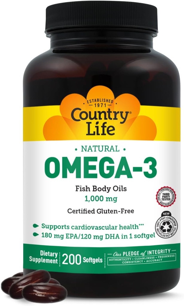 Country Life Omega-3 Fish Oil Supplement, 1000mg, 180mg EPA & 120mg DHA, Fish Oil Concentrate, Burpless, 200 Softgels, Certified Gluten Free 2