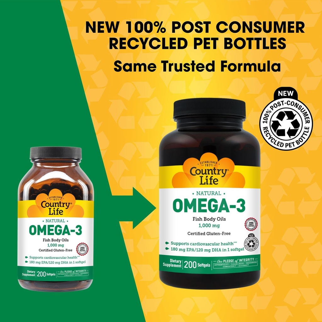 Country Life Omega-3 Fish Oil Supplement, 1000mg, 180mg EPA & 120mg DHA, Fish Oil Concentrate, Burpless, 200 Softgels, Certified Gluten Free 3