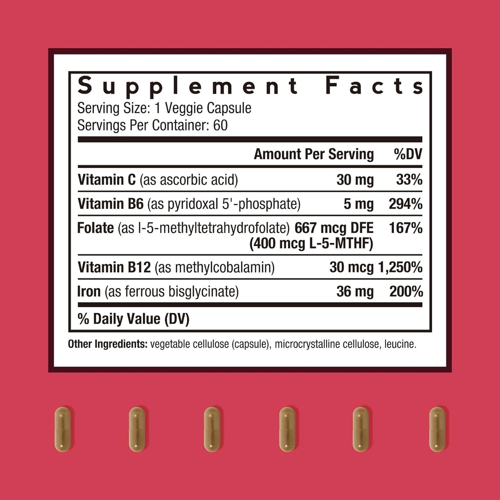 Doctor's Recipes Iron Supplement, Iron Bisglycinate with Vitamin C, B6, Folate & B12, Non-Constipating, Stomach Friendly, Gentle Iron Pills for Iron Deficiency, Blood & Energy Support, 60 Vegan Caps 3