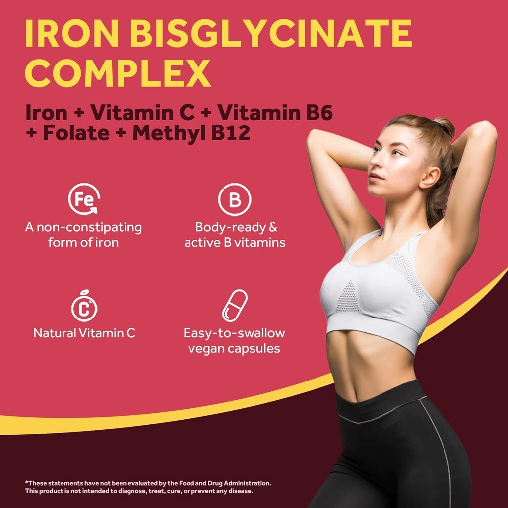 Doctor's Recipes Iron Supplement, Iron Bisglycinate with Vitamin C, B6, Folate & B12, Non-Constipating, Stomach Friendly, Gentle Iron Pills for Iron Deficiency, Blood & Energy Support, 60 Vegan Caps 4