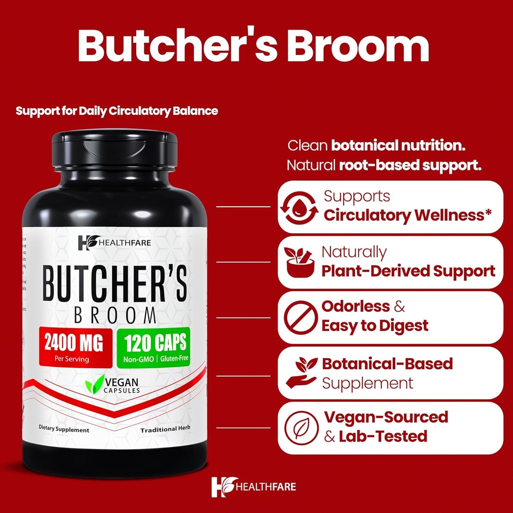 Healthfare Butchers Broom Supplement | Capsules Extract 2400mg | 120 Vegetarian Pills | Premium Herbal Root Supplement | Circulation & Vein Support | Non-GMO, Gluten-Free | Made in USA 3