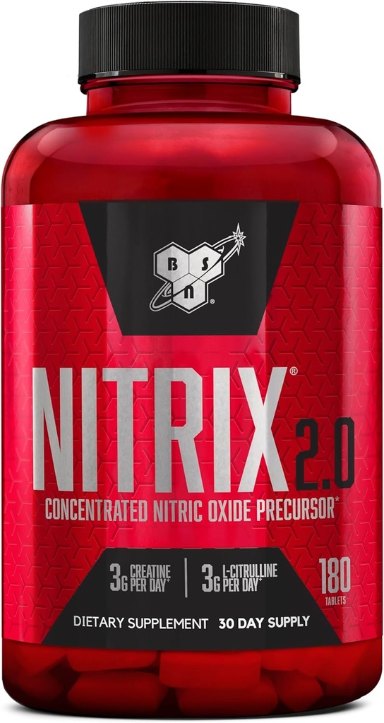 BSN NITRIX 2.0, Workout Supplement, Nitric Oxide Precursors, 3g Creatine, 3g L Citrulline, L-Citrulline, Supports Workout Performance, Pumps, Muscle Recovery and Endurance, 180 Tablets, 60 Servings 2
