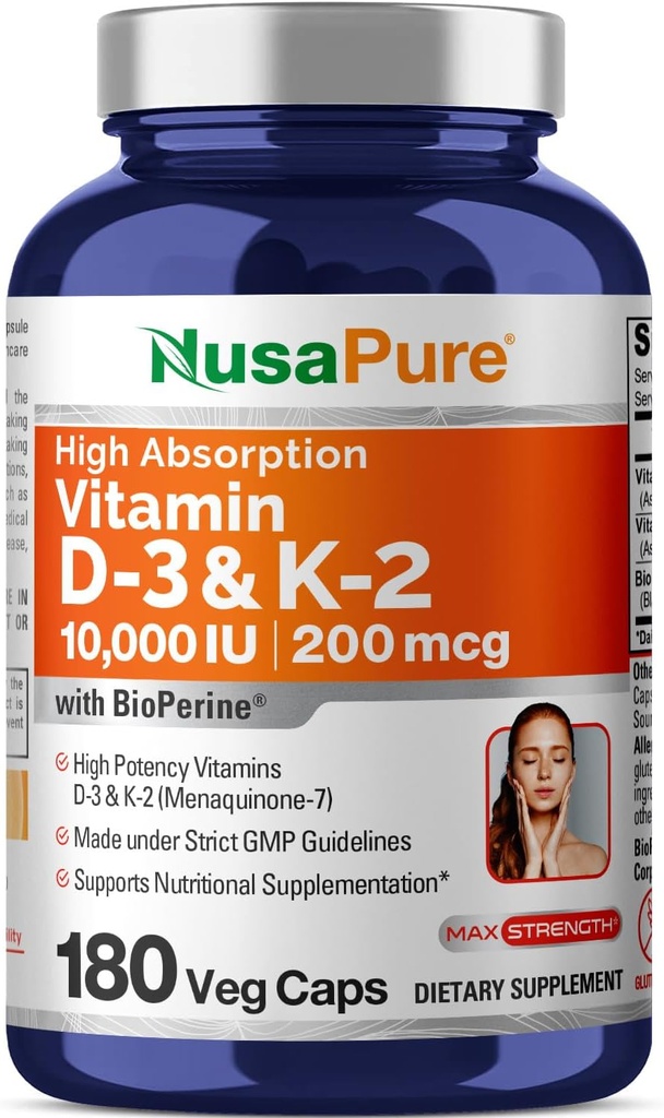 NusaPure Vitamin K2 (MK7) (200mcg) + Vitamin D3 (10000 IU) 180 Veg Caps - Bioperine, Soyfree, Non-GMO 2