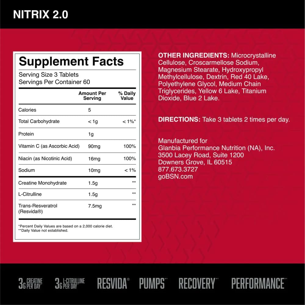 BSN NITRIX 2.0, Workout Supplement, Nitric Oxide Precursors, 3g Creatine, 3g L Citrulline, L-Citrulline, Supports Workout Performance, Pumps, Muscle Recovery and Endurance, 180 Tablets, 60 Servings 3