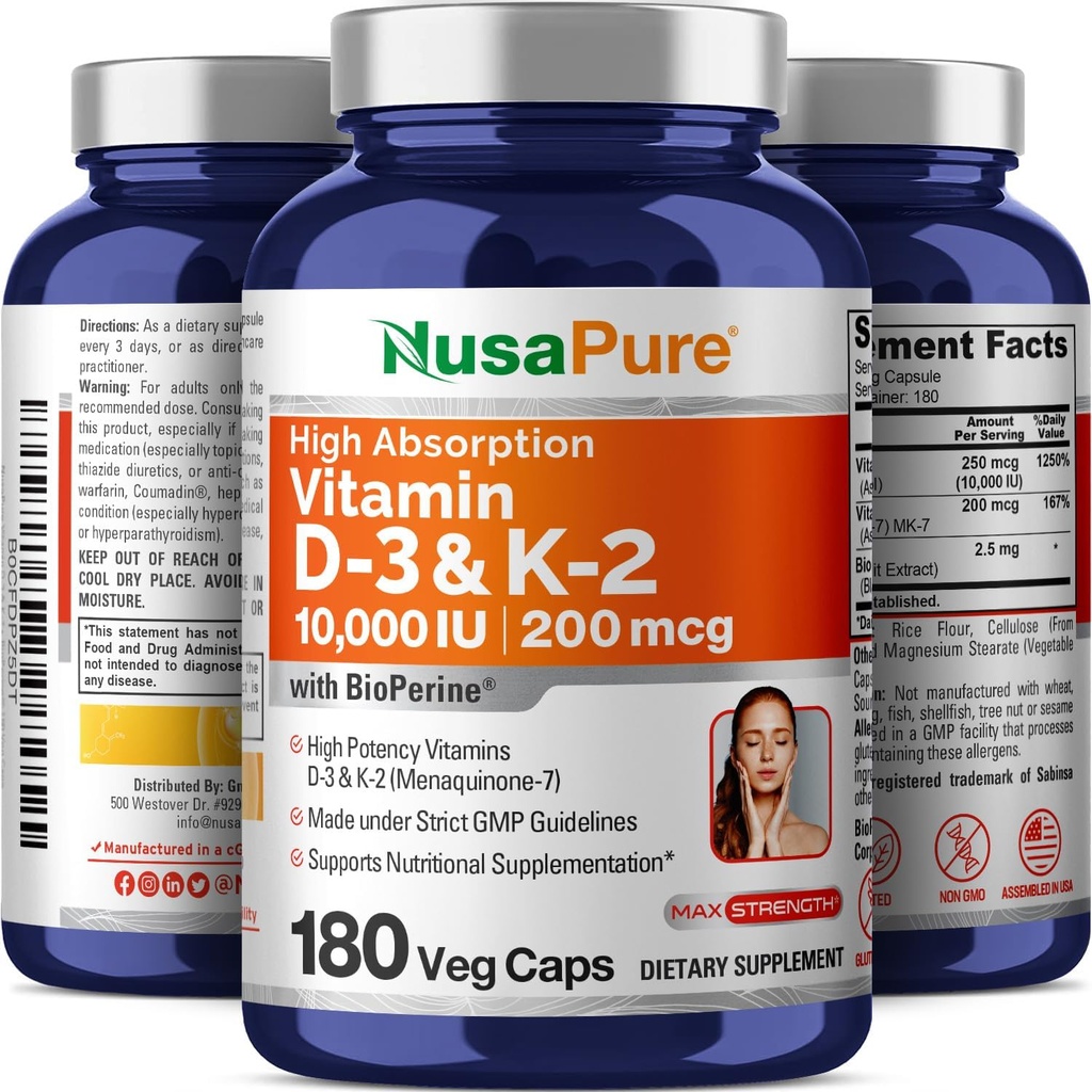 NusaPure Vitamin K2 (MK7) (200mcg) + Vitamin D3 (10000 IU) 180 Veg Caps - Bioperine, Soyfree, Non-GMO 5