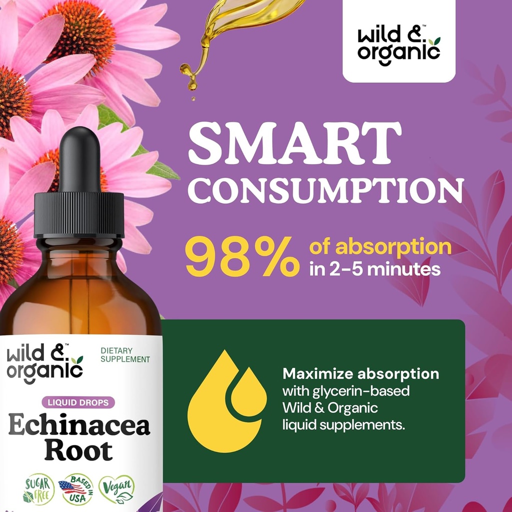 Wild & Organic Echinacea Drops - Immune Support Supplement with Echinacea Angustifolia - Liquid Root Extract Tincture - Vegan, Sugar & Alcohol-Free - 4 fl oz 5