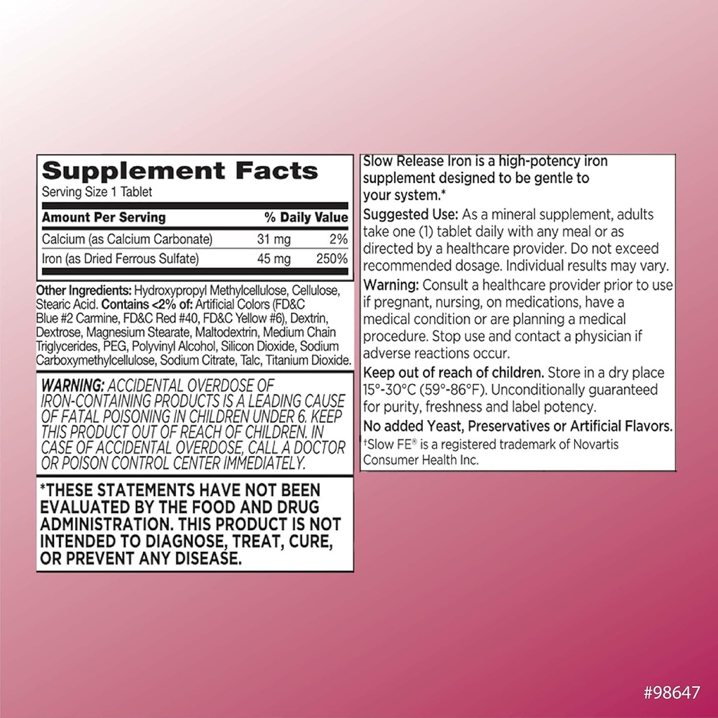 Quality Choice Iron High Potency Slow Release Tablets, 45mg, 60 Tabets Each (Pack of 3) 3