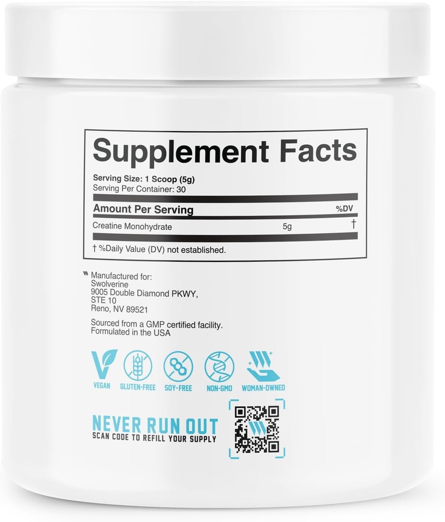 Swolverine® Creatine Monohydrate Powder – 60 Servings | 100% Pure, Micronized Creatine for Muscle Strength, Power & Recovery 4