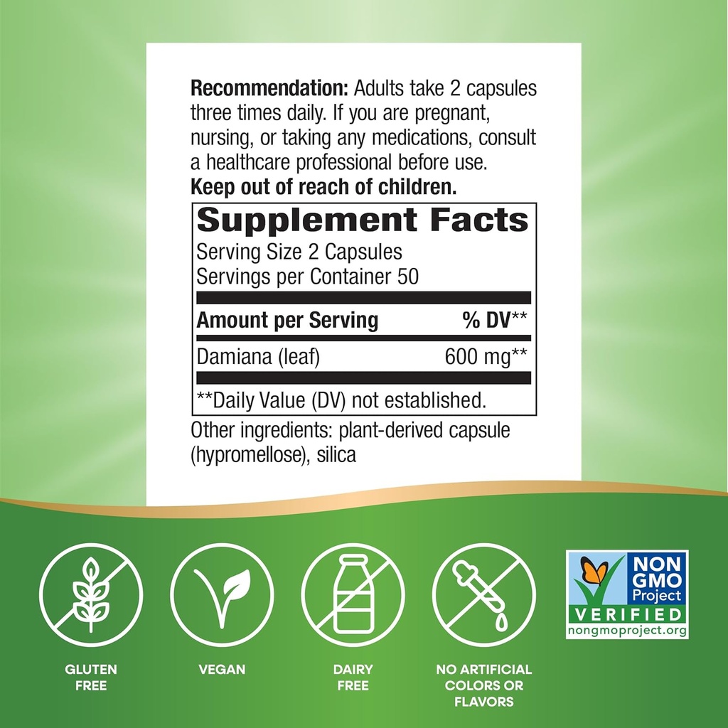 Nature's Way Damiana Leaves, Traditional Libido Support*, 600 mg per 2-Capsule Serving, Non-GMO Project Verified, Vegan, 100 Capsules (Packaging May Vary) 6