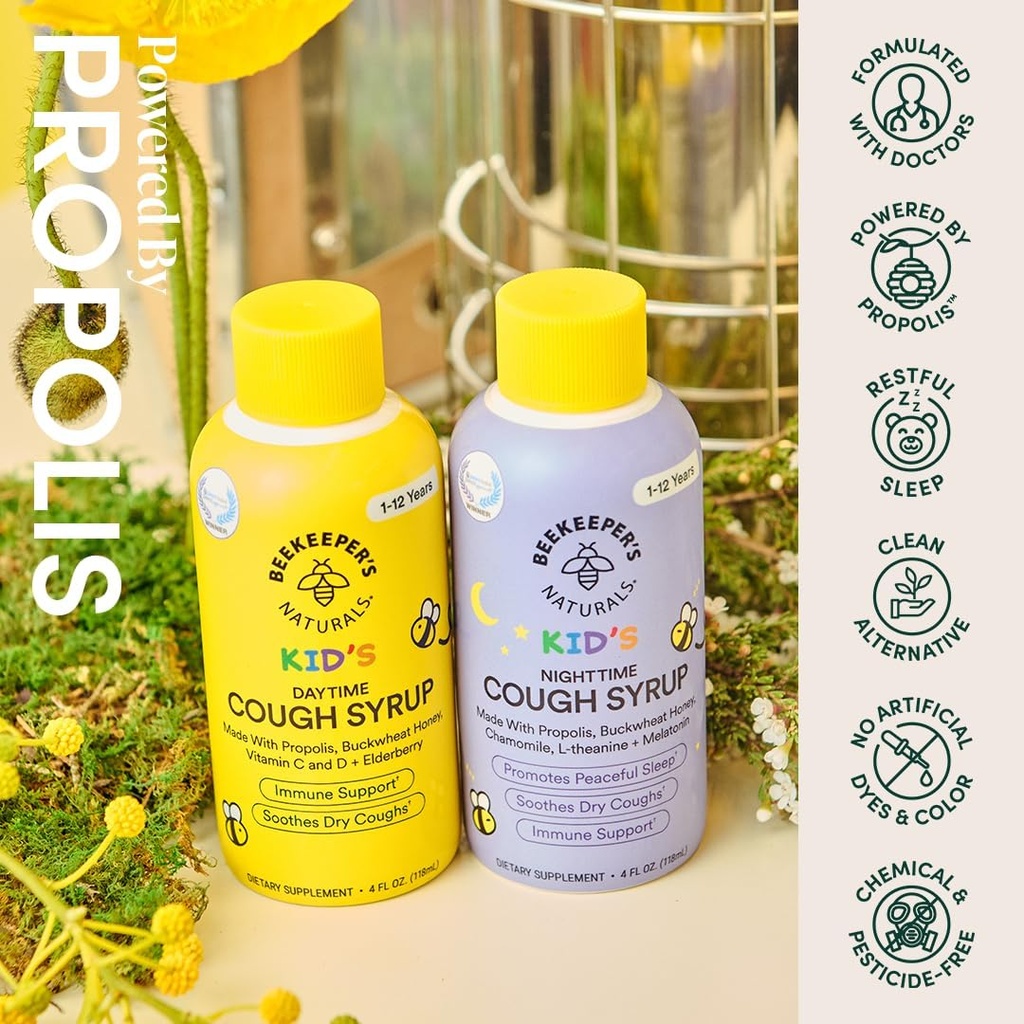Beekeeper's Naturals Propolis Honey Cough Syrup Nighttime for Kids Immune Support with Propolis, Elderberry & Raw Honey - Sleep Support with Chamomile & L-Theanine - Gluten Free, 4 oz. 3