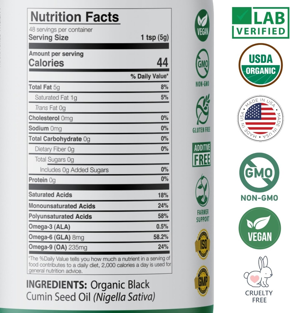 Mother Nature USDA Organic Black Seed Oil, High TQ 2%, Cold Pressed, Unrefined Nigella Sativa, Omega 3 6 9 for Immune, Joint & Heart Support, Hair & Skin, Non-GMO, Glass Bottle (8oz) 6