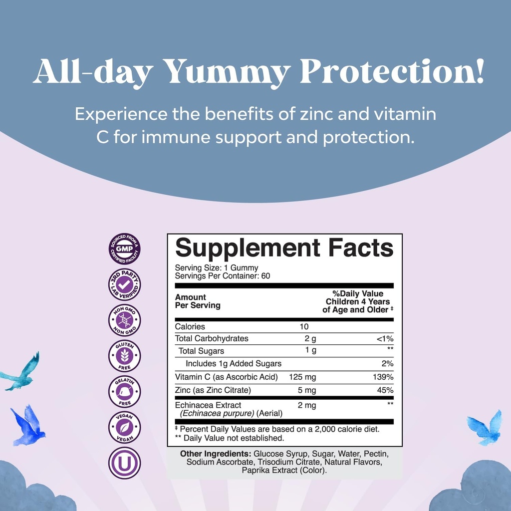 Kids Immunity Support Gummies - Delicious Vitamin C with Zinc and Echinacea Immune Booster Gummies for Kids - Vegan Gluten Free and Gelatin Free Chewable Gummy Vitamin Supplement for Children 4