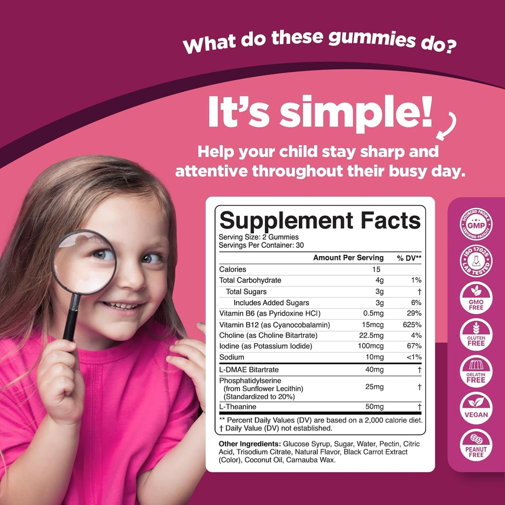 Vegan Kids Focus Gummies - Potent Chewable Brain Support for Children - Enhances Concentration & Memory - Calming Supplements & Focus Gummies for Kids - Non-GMO & Gluten-Free - 60 Count - 3 Pack 4