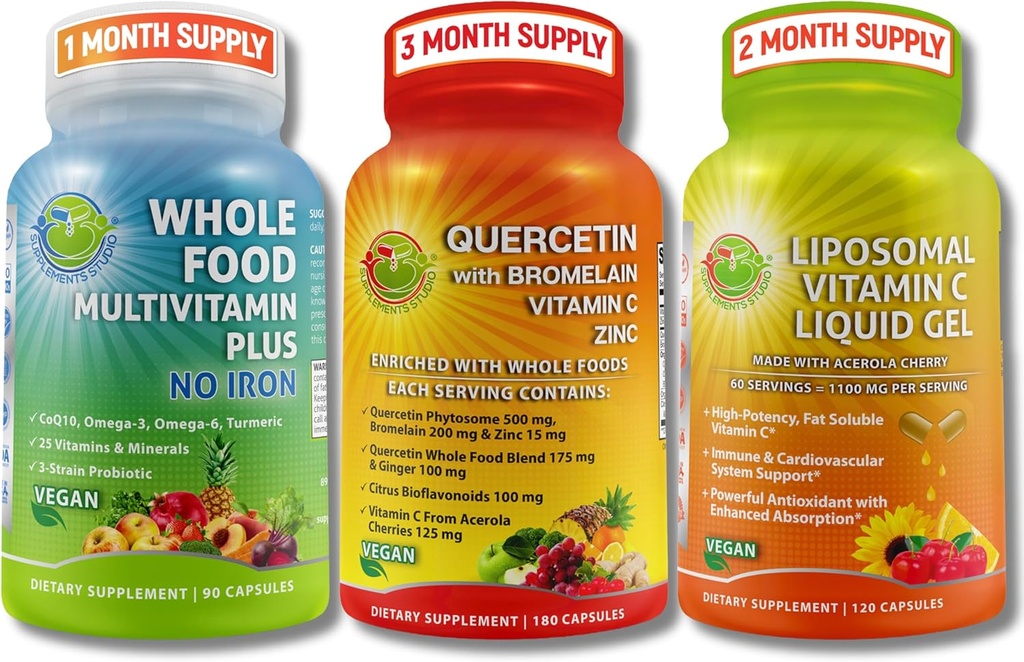 Immune System Support Bundle – Quercetin with Bromelain + Liposomal Vitamin C 1100mg Liquid Gel + Whole Food Multivitamin Without Iron – Daily Antioxidant, Respiratory & Immune Support 2