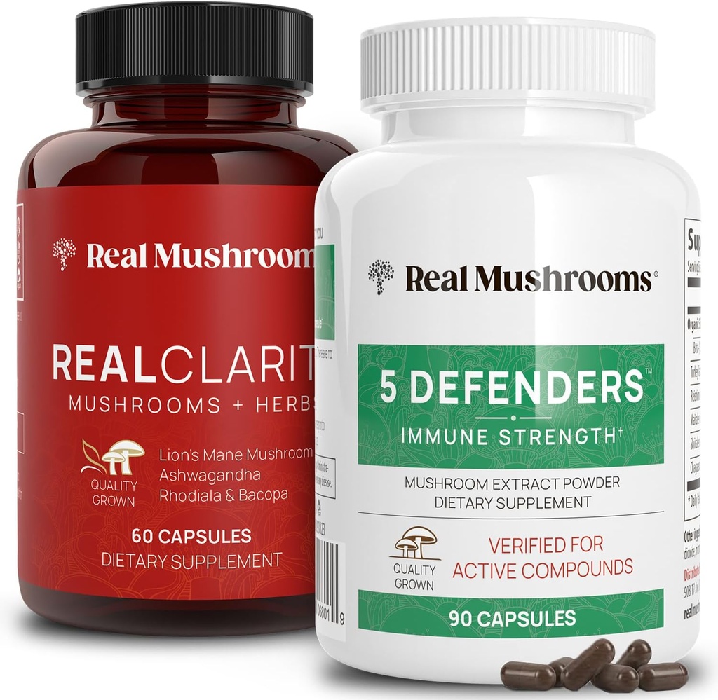 Real Mushrooms RealClarity (60ct) and 5 Defenders (90ct) Capsules Bundle - Mushroom Supplement for Mental Clarity, Focus & Immune Strength - Vegan, Non-GMO, Verified Levels of Beta-Glucans 2