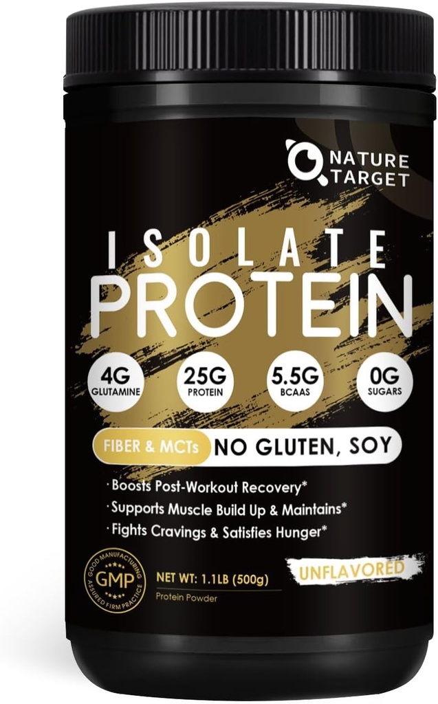 NATURE TARGET Whey Isolate Protein Powder, Unflavored, 25g Protein, Low Carb Protein Powder, Sugar-Free, for Men & Women, 5.5g BCAAs, Rich in Fibers & Minerals, 1.1 Pound (500g) 2