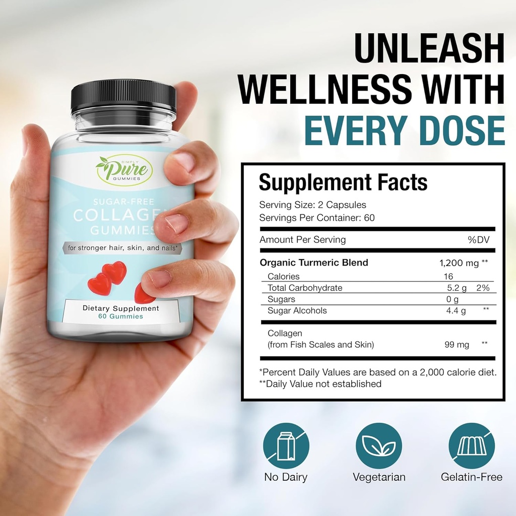 Pure By Nature Collagen Gummies for Women & Men, Sugar-Free Collagen Gummy for Natural Collagen Production, Hair, Skin & Nails Support, Pectin Supplements Chews (60 Count) 6