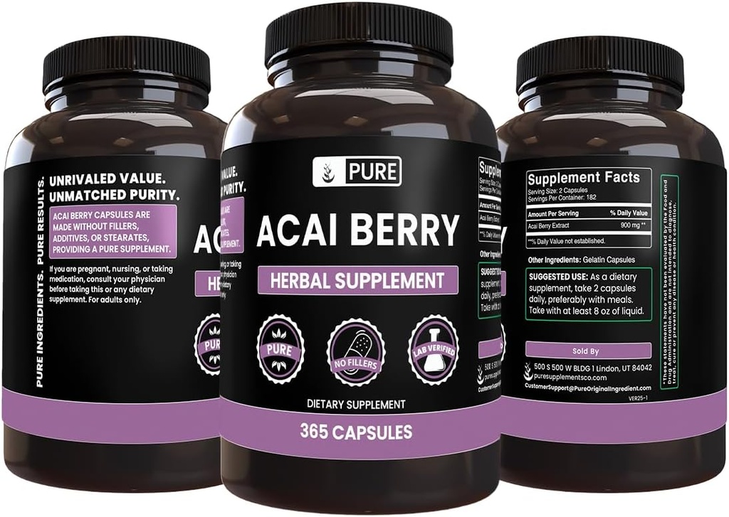 PURE ORIGINAL INGREDIENTS Acai Berry (365 Capsules) No Magnesium Or Rice Fillers, Always Pure, Lab Verified 5