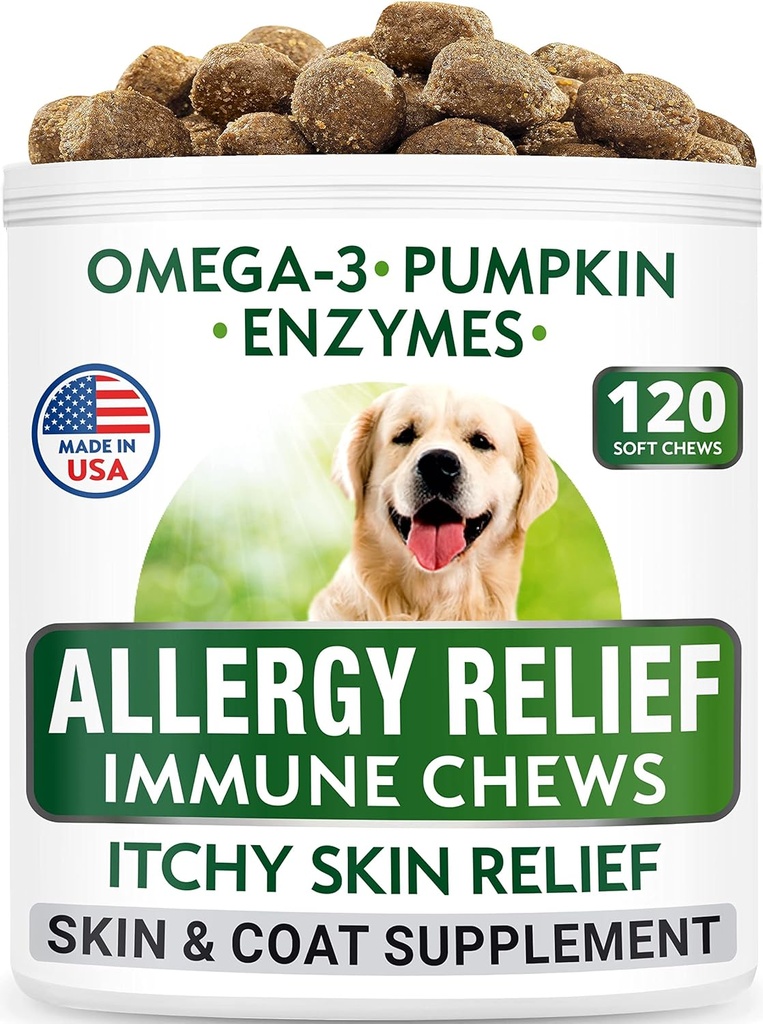 Allergy Relief Dog Treats + Dog Probiotics Chews Bundle - Omega 3 + Pumpkin + Enzymes for Itchy Skin Relief + Digestive Enzymes + Prebiotics for Gas, Diarrhea, Constipation, Upset Stomach Relief 3