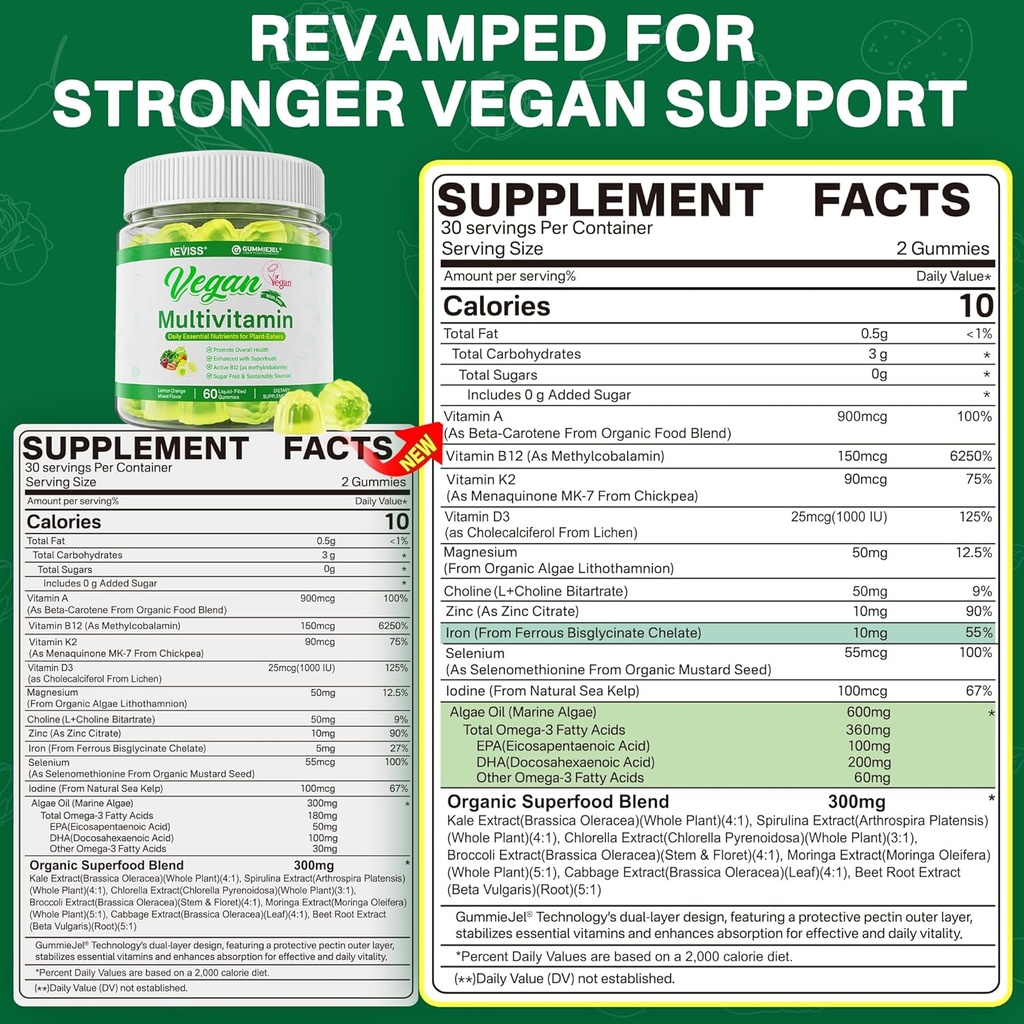 NEVISS Vegan Multivitamin for Women & Men w/Methyl B12, D3 K2, Plant Based Omega 3 (DHA+EPA), Iron, Choline, Zinc, Whole Food Daily Vitamins Gummies for Vegans & Vegetarians, Sugar Free, 60Cts 3