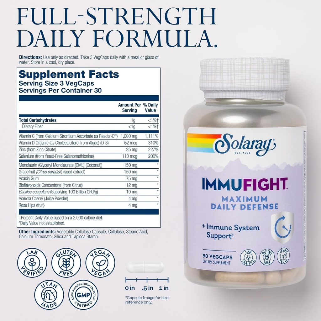 SOLARAY Immufight Maximum Daily Defense, All Day Immune Support, Vitamin C, Vitamin D, Zinc, Probiotics, Monolaurin, Acerola & More, Vegan & Gluten Free, 60 Day Guarantee (180 CT, 60 Serv) 3